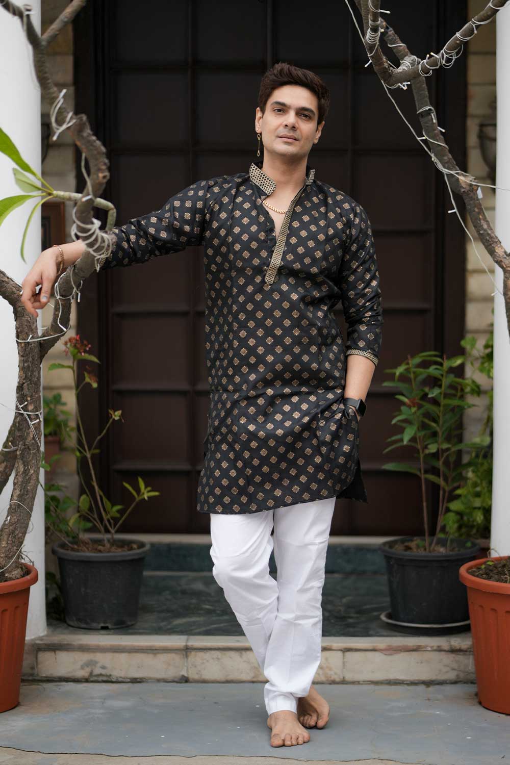 Royal Black Gold Block Print Kurta