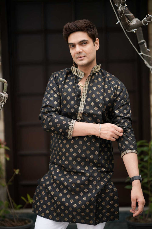 Royal Black Gold Block Print Kurta