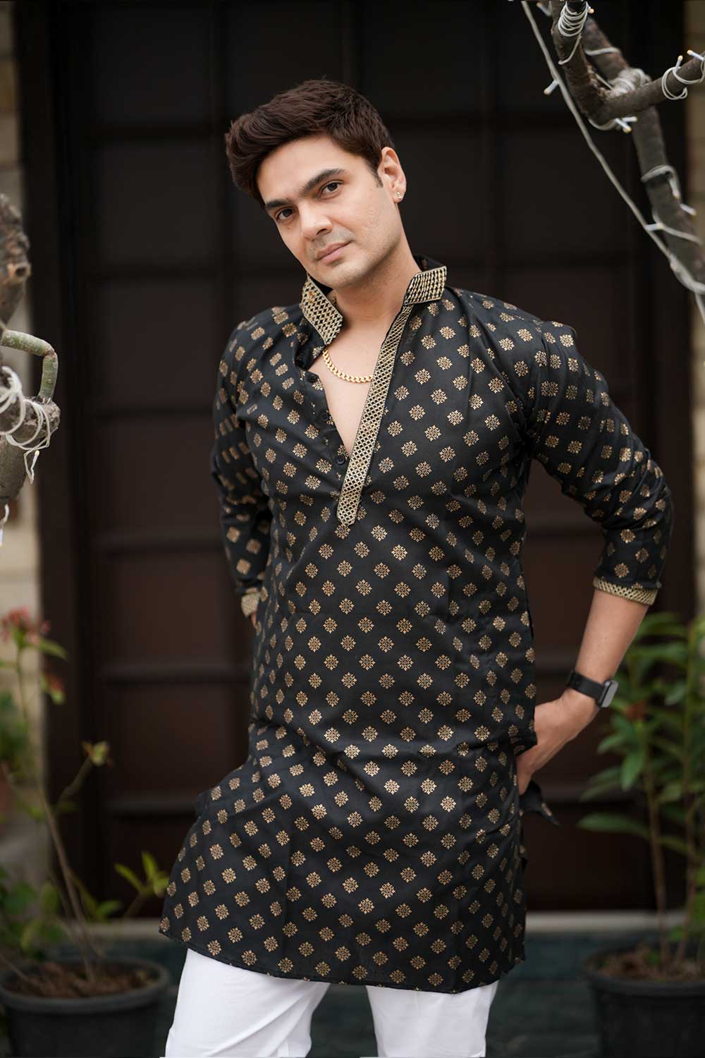 Royal Black Gold Block Print Kurta