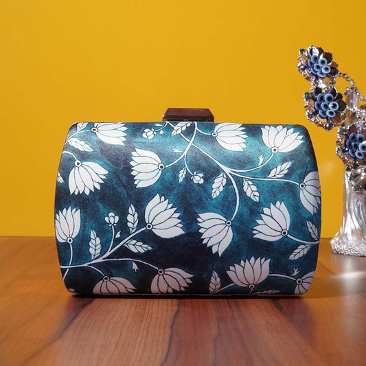 Bluish Green & White Lotus Printed Floral Clutch