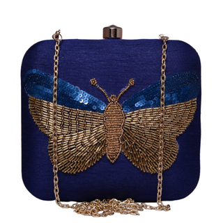 Dark Blue Embroidered Work Art Silk Clutch