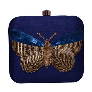 ROYAL BLUE EMBROIDERY WORK ART SILK CLUTCH