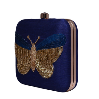 ROYAL BLUE EMBROIDERY WORK ART SILK CLUTCH
