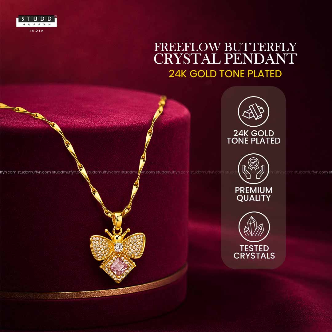 FreeFlow Butterfly Crystal Pendant – 24K Gold Tone Plated [ With Chain ]