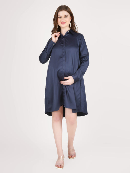 Navy Blue Satin Shirt - Luxury Maternity Dress