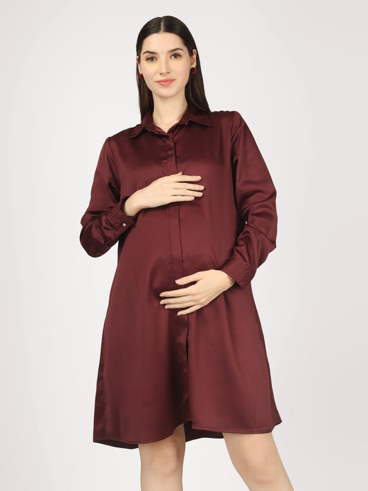 Burgundy Satin Shirt - Luxury Maternity Dress