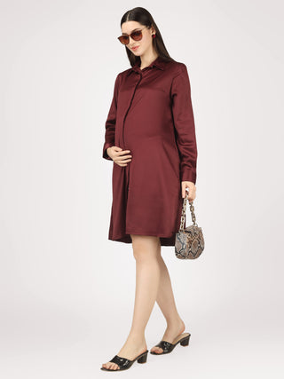 Burgundy Satin Shirt - Luxury Maternity Dress