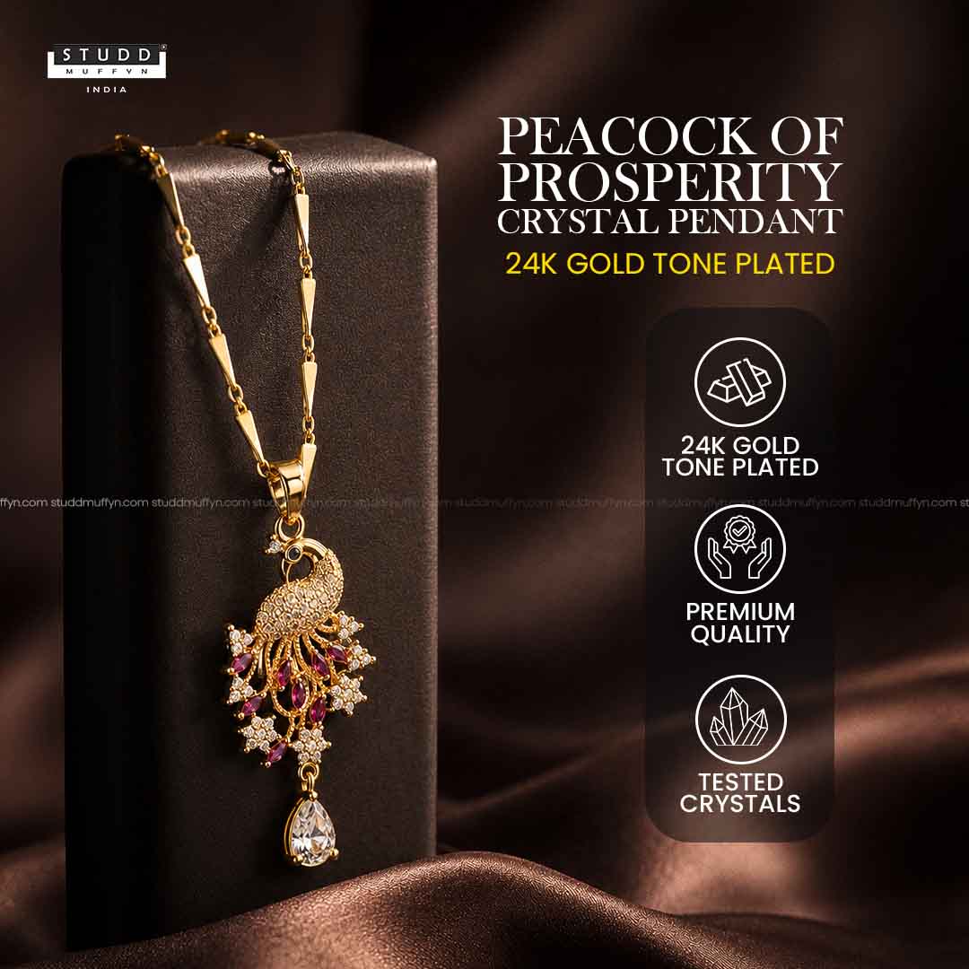 Peacock of Prosperity Crystal Pendant - 24k Gold Tone Plated [ With Chain ]