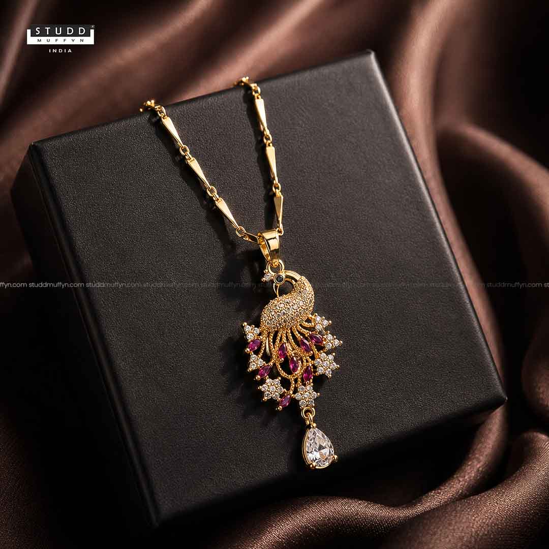 Peacock of Prosperity Crystal Pendant - 24k Gold Tone Plated [ With Chain ]