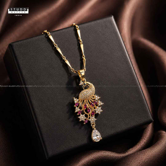 Peacock of Prosperity Crystal Pendant - 24k Gold Tone Plated [ With Chain ]