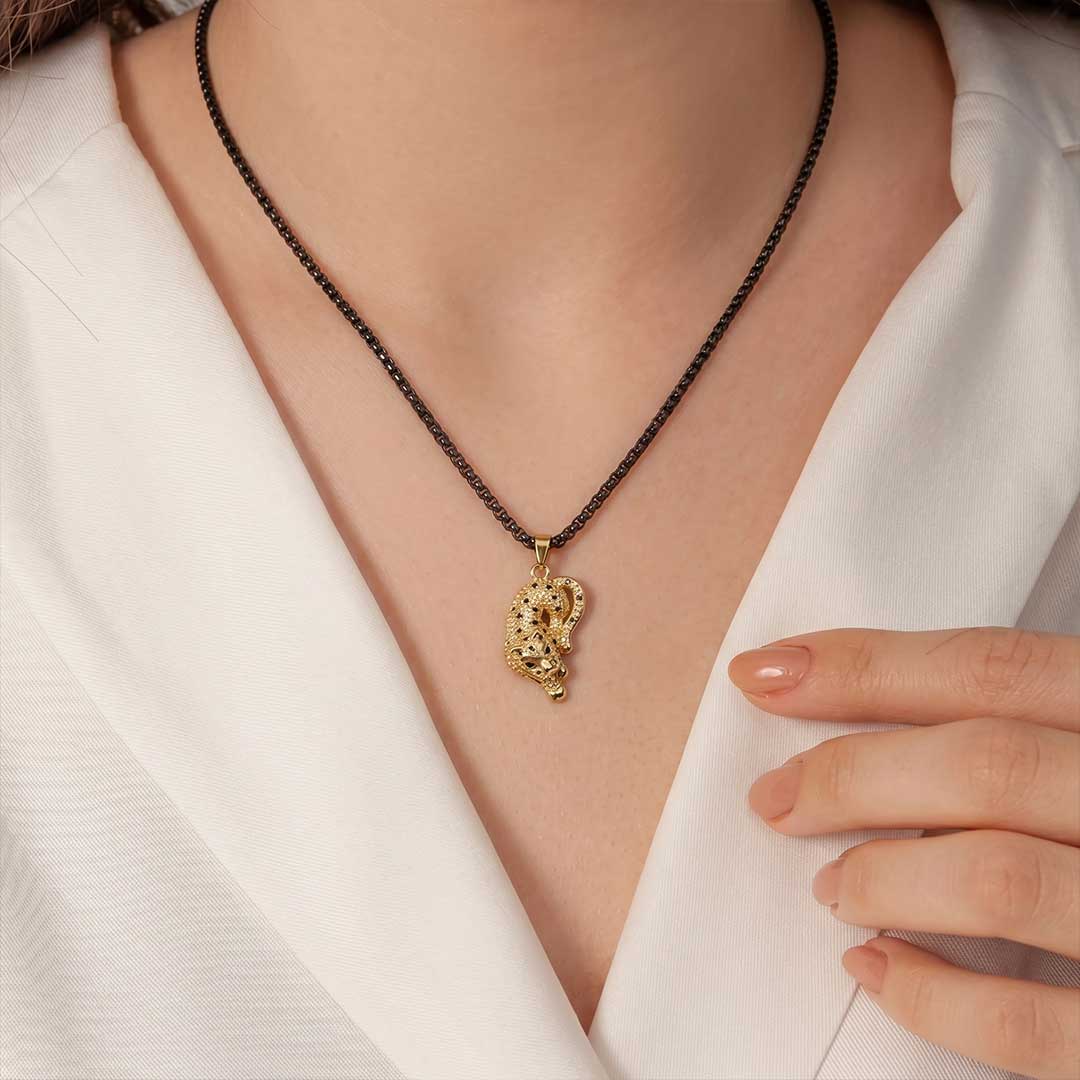 Fierce Tiger Pendant - 24k Gold Tone Plated [ Black Chain ]