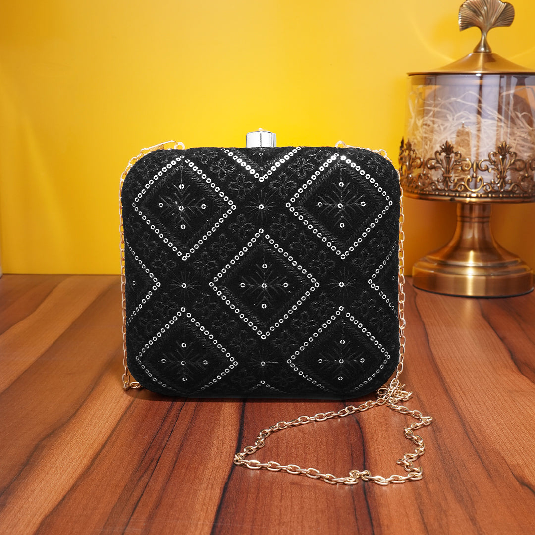 Black Sequins Machine Embroidered Party Clutch